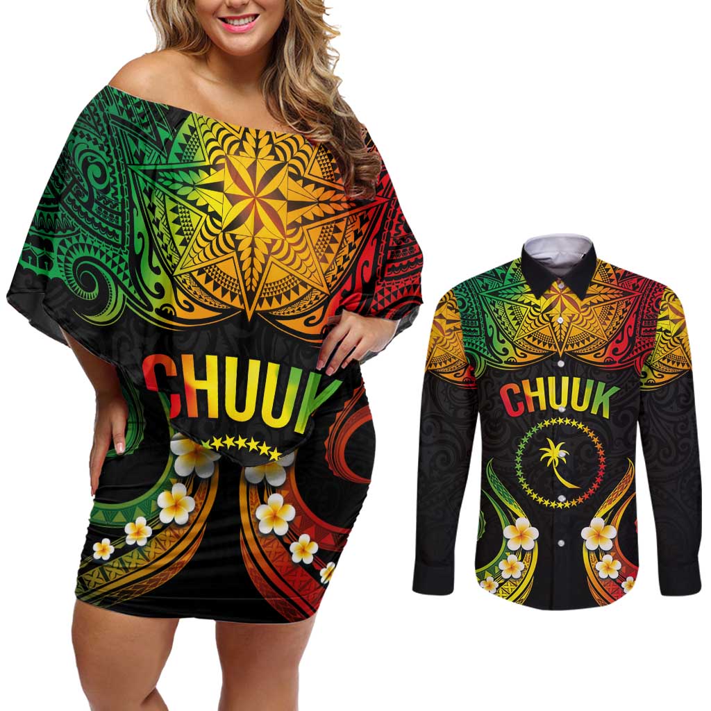 Personalised Chuuk Independence Day Couples Matching Off Shoulder Short Dress and Long Sleeve Button Shirt Polynesian Tattoo and Plumeria Reggae Color LT03 Reggae - Polynesian Pride
