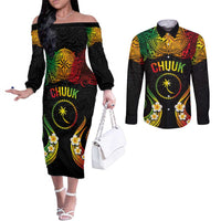 Personalised Chuuk Independence Day Couples Matching Off The Shoulder Long Sleeve Dress and Long Sleeve Button Shirt Polynesian Tattoo and Plumeria Reggae Color LT03 Reggae - Polynesian Pride
