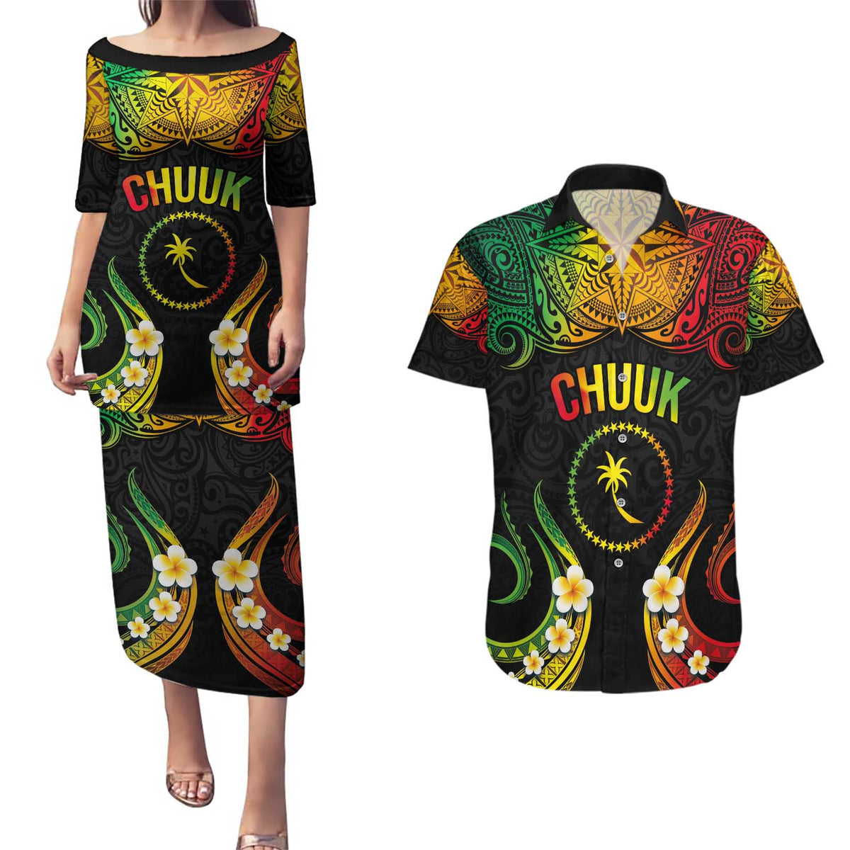 Personalised Chuuk Independence Day Couples Matching Puletasi and Hawaiian Shirt Polynesian Tattoo and Plumeria Reggae Color