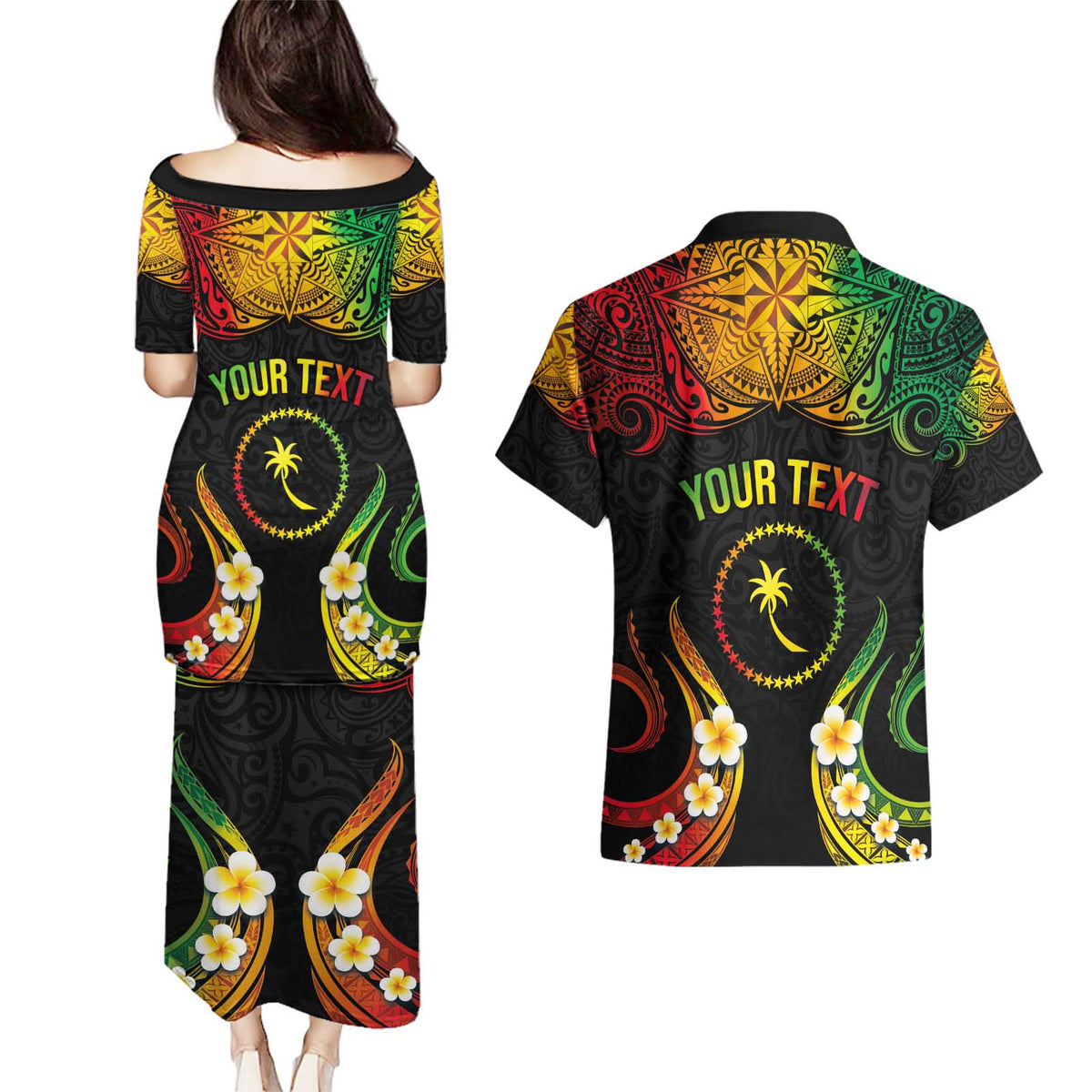 Personalised Chuuk Independence Day Couples Matching Puletasi and Hawaiian Shirt Polynesian Tattoo and Plumeria Reggae Color