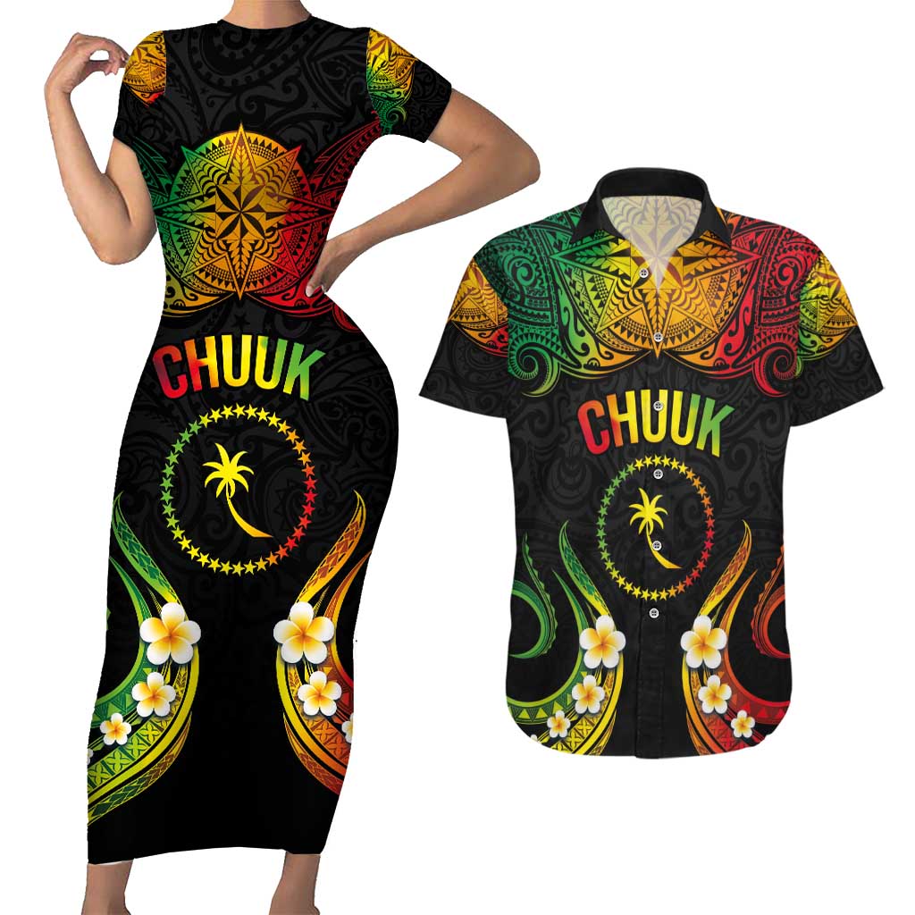 Personalised Chuuk Independence Day Couples Matching Short Sleeve Bodycon Dress and Hawaiian Shirt Polynesian Tattoo and Plumeria Reggae Color LT03 Reggae - Polynesian Pride