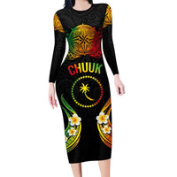 Personalised Chuuk Independence Day Family Matching Long Sleeve Bodycon Dress and Hawaiian Shirt Polynesian Tattoo and Plumeria Reggae Color LT03 Mom's Dress Reggae - Polynesian Pride