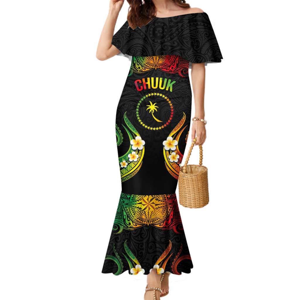 Personalised Chuuk Independence Day Family Matching Mermaid Dress and Hawaiian Shirt Polynesian Tattoo and Plumeria Reggae Color LT03 Mom's Dress Reggae - Polynesian Pride