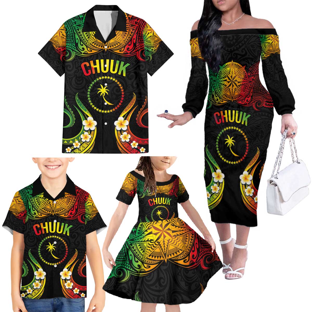 Personalised Chuuk Independence Day Family Matching Off The Shoulder Long Sleeve Dress and Hawaiian Shirt Polynesian Tattoo and Plumeria Reggae Color LT03 - Polynesian Pride