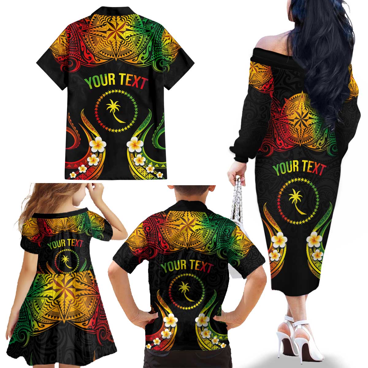 Personalised Chuuk Independence Day Family Matching Off The Shoulder Long Sleeve Dress and Hawaiian Shirt Polynesian Tattoo and Plumeria Reggae Color LT03 - Polynesian Pride