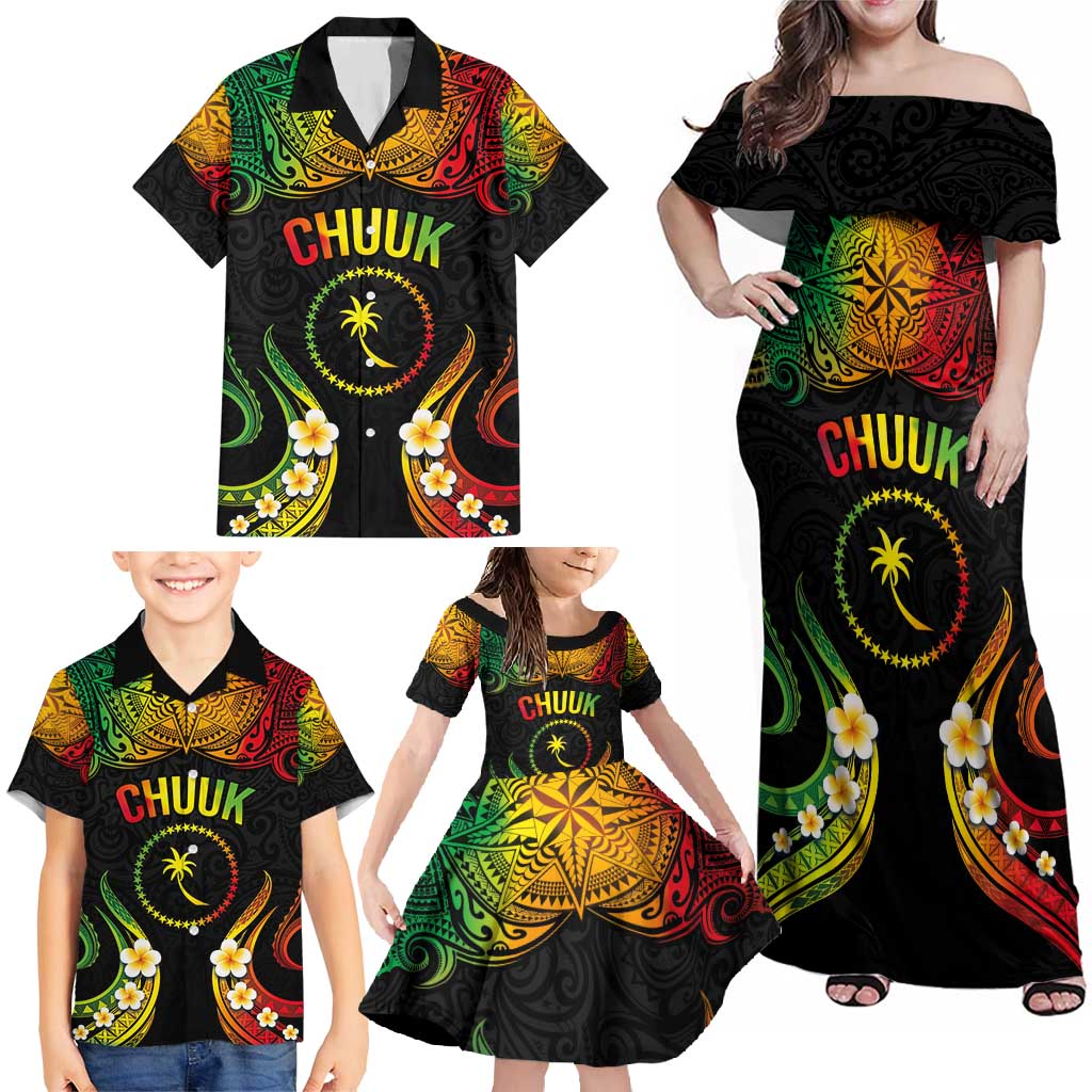 Personalised Chuuk Independence Day Family Matching Off Shoulder Maxi Dress and Hawaiian Shirt Polynesian Tattoo and Plumeria Reggae Color LT03 - Polynesian Pride