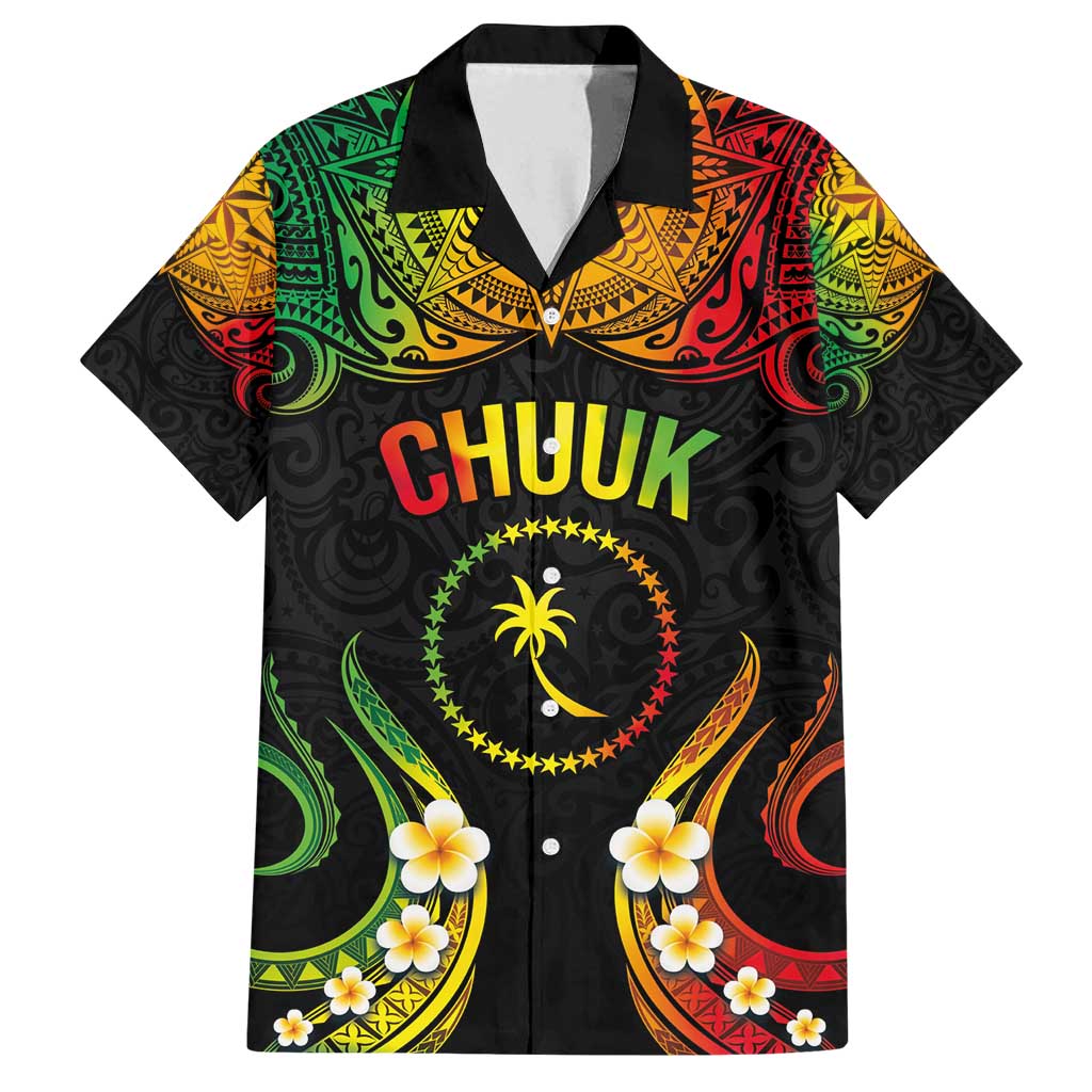 Personalised Chuuk Independence Day Family Matching Off Shoulder Maxi Dress and Hawaiian Shirt Polynesian Tattoo and Plumeria Reggae Color LT03 Dad's Shirt - Short Sleeve Reggae - Polynesian Pride
