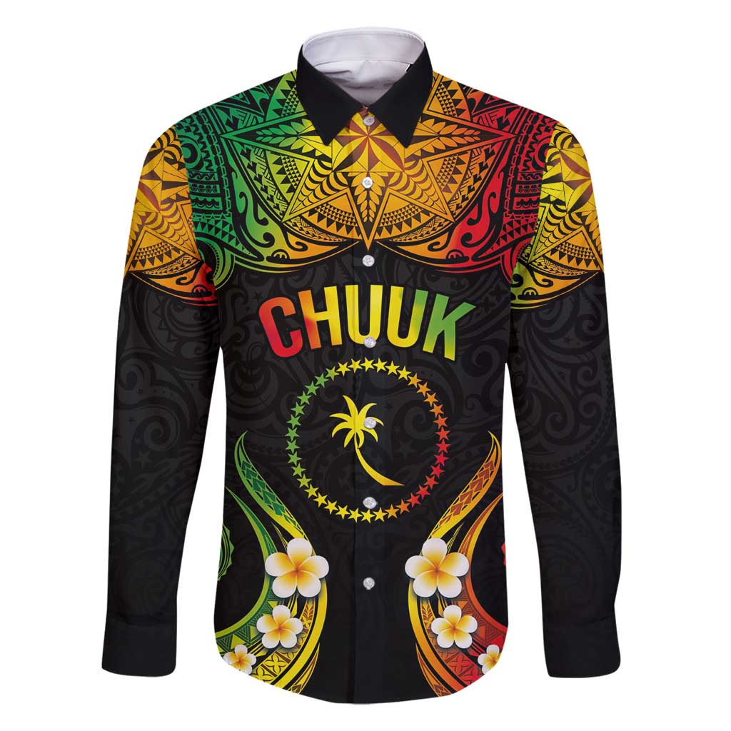 Personalised Chuuk Independence Day Family Matching Off Shoulder Maxi Dress and Hawaiian Shirt Polynesian Tattoo and Plumeria Reggae Color LT03 Dad's Shirt - Long Sleeve Reggae - Polynesian Pride