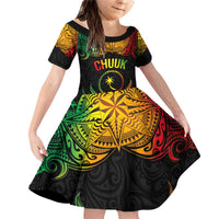Personalised Chuuk Independence Day Family Matching Off Shoulder Short Dress and Hawaiian Shirt Polynesian Tattoo and Plumeria Reggae Color LT03 Daughter's Dress Reggae - Polynesian Pride