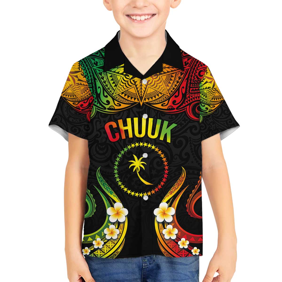 Personalised Chuuk Independence Day Family Matching Off Shoulder Short Dress and Hawaiian Shirt Polynesian Tattoo and Plumeria Reggae Color LT03 Son's Shirt Reggae - Polynesian Pride