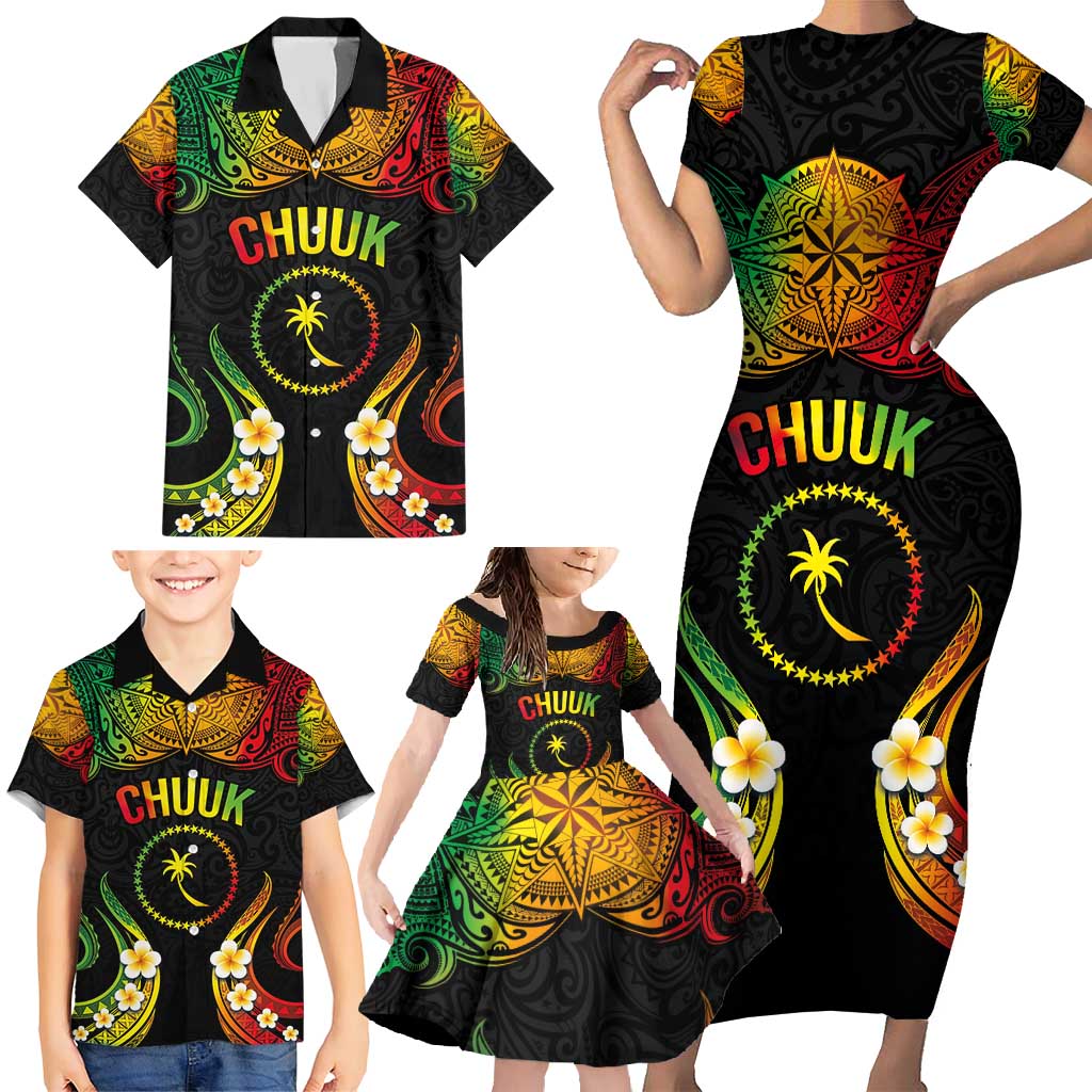 Personalised Chuuk Independence Day Family Matching Short Sleeve Bodycon Dress and Hawaiian Shirt Polynesian Tattoo and Plumeria Reggae Color LT03 - Polynesian Pride