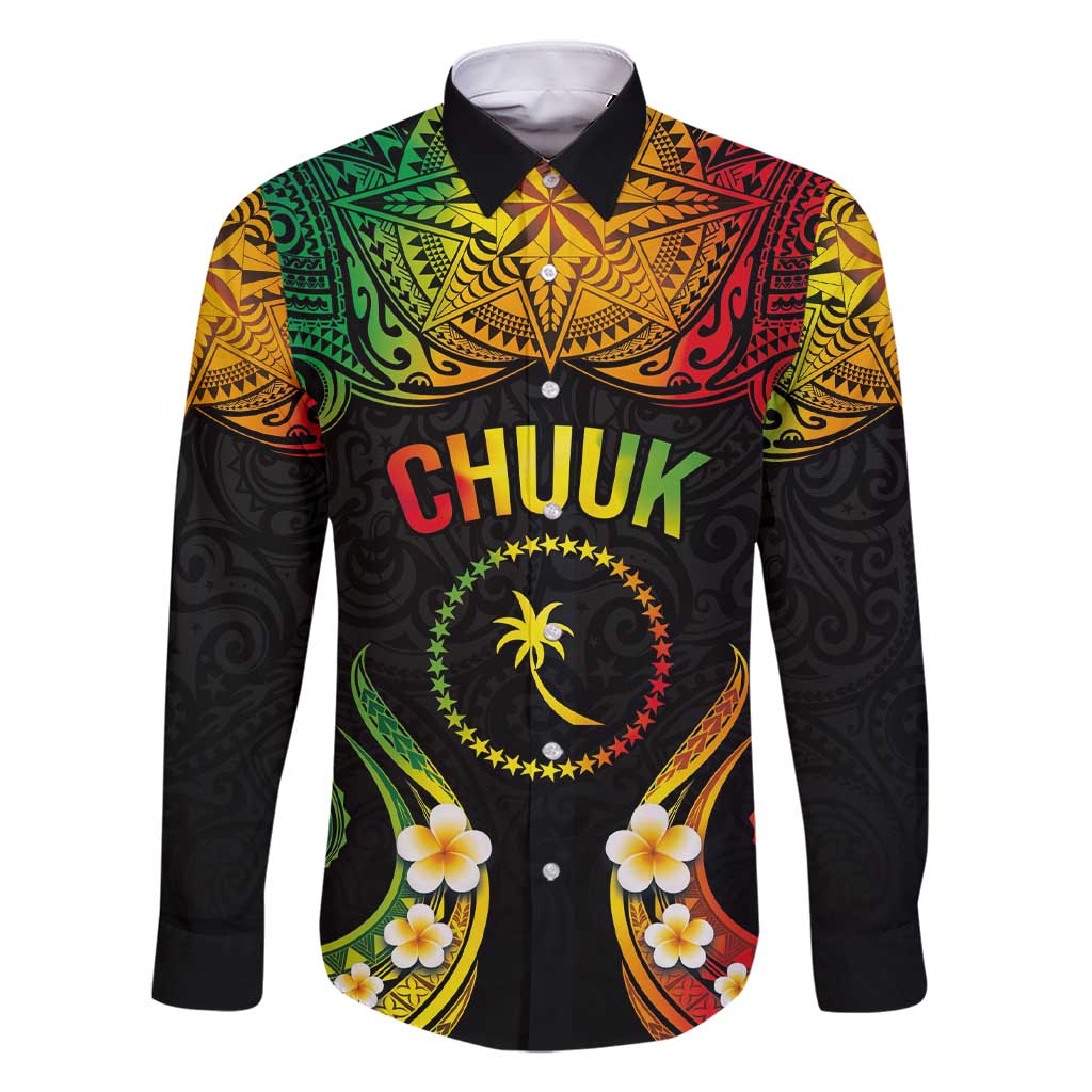 Personalised Chuuk Independence Day Family Matching Short Sleeve Bodycon Dress and Hawaiian Shirt Polynesian Tattoo and Plumeria Reggae Color LT03 Dad's Shirt - Long Sleeve Reggae - Polynesian Pride