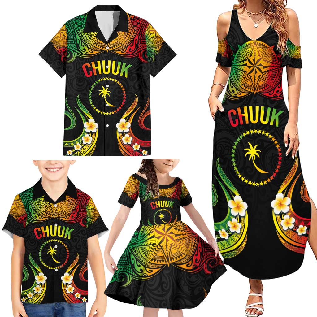 Personalised Chuuk Independence Day Family Matching Summer Maxi Dress and Hawaiian Shirt Polynesian Tattoo and Plumeria Reggae Color
