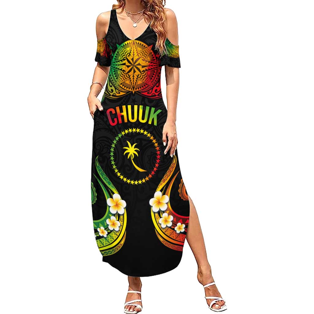 Personalised Chuuk Independence Day Family Matching Summer Maxi Dress and Hawaiian Shirt Polynesian Tattoo and Plumeria Reggae Color LT03 Mom's Dress Reggae - Polynesian Pride