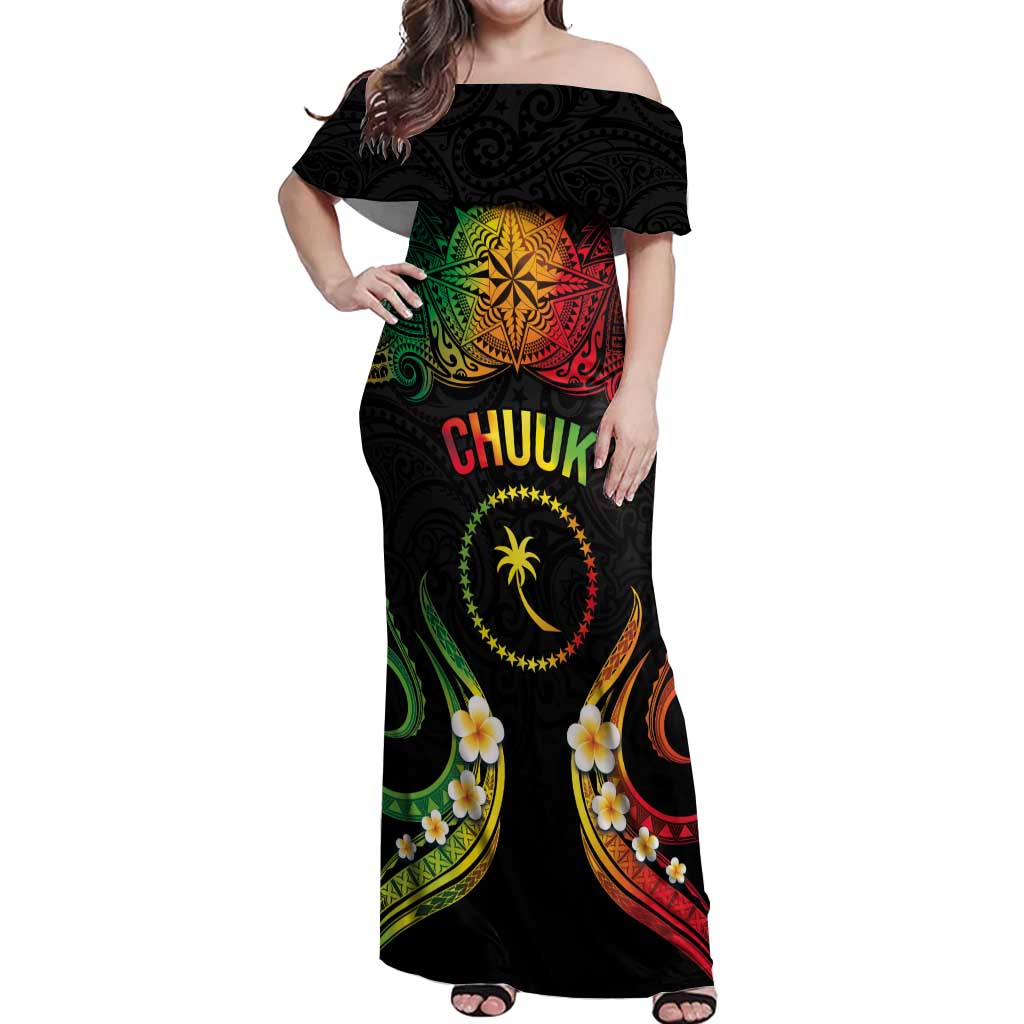 Personalised Chuuk Independence Day Off Shoulder Maxi Dress Polynesian Tattoo and Plumeria Reggae Color