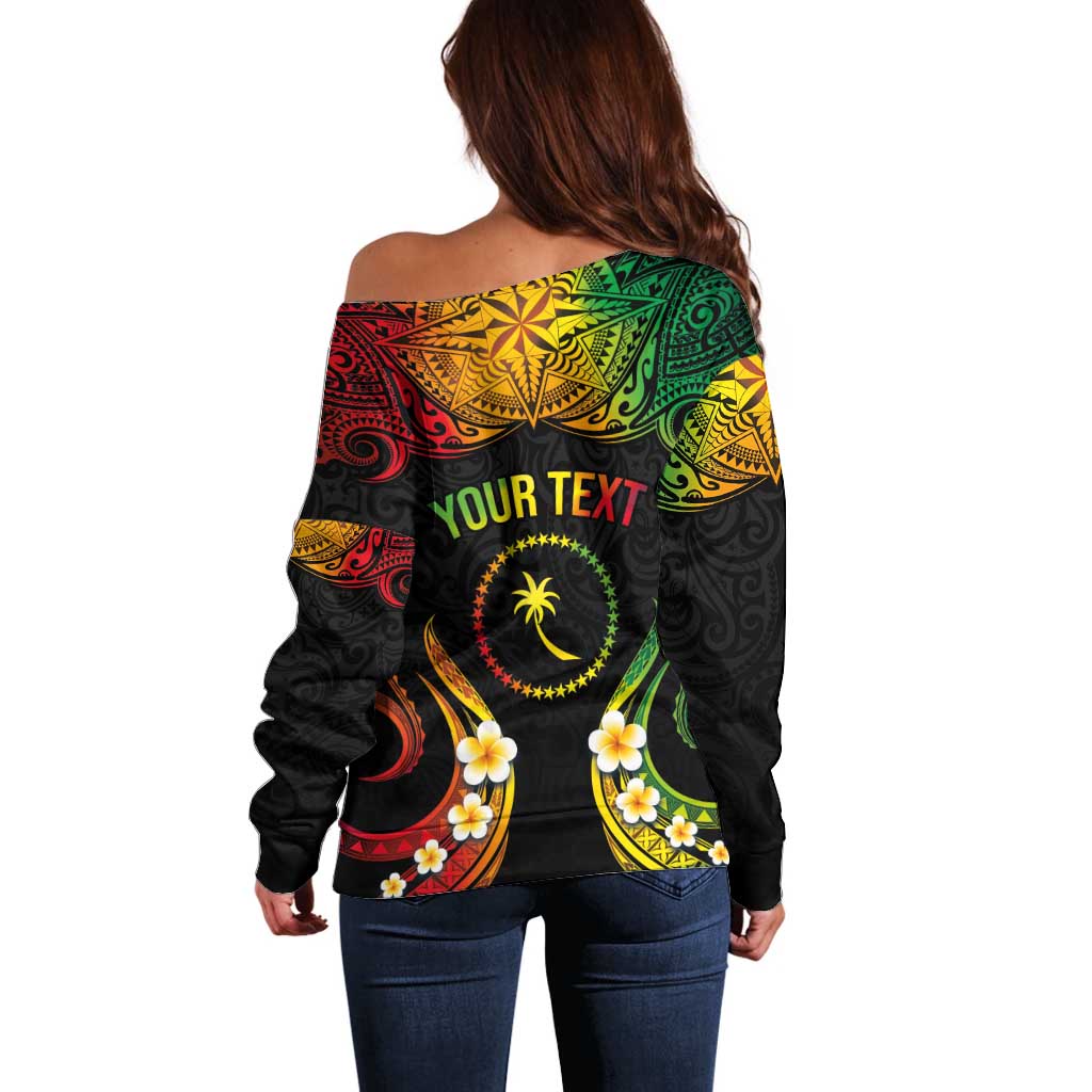 Personalised Chuuk Independence Day Off Shoulder Sweater Polynesian Tattoo and Plumeria Reggae Color