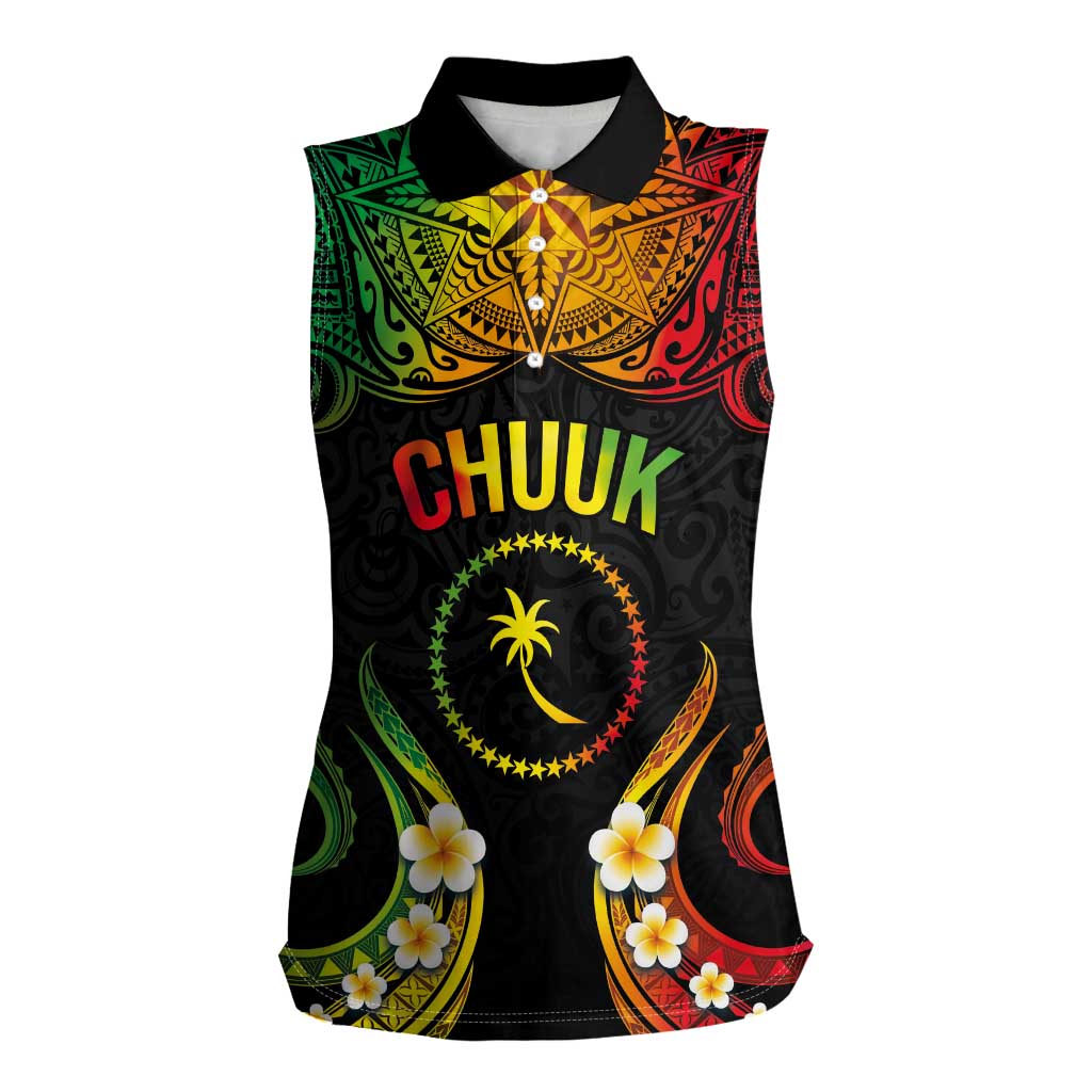 Personalised Chuuk Independence Day Women Sleeveless Polo Shirt Polynesian Tattoo and Plumeria Reggae Color LT03 Female Reggae - Polynesian Pride