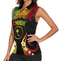 Personalised Chuuk Independence Day Women Sleeveless Polo Shirt Polynesian Tattoo and Plumeria Reggae Color LT03 - Polynesian Pride