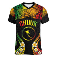 Personalised Chuuk Independence Day Women V-Neck T-Shirt Polynesian Tattoo and Plumeria Reggae Color LT03 Female Reggae - Polynesian Pride
