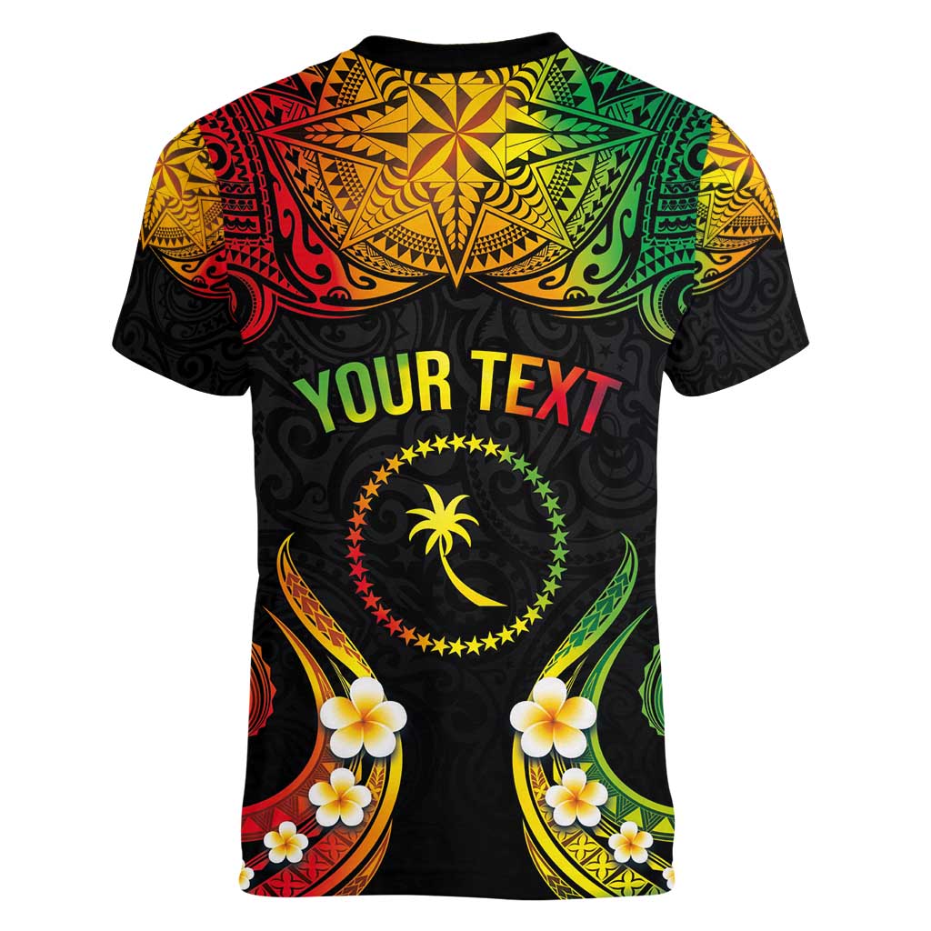 Personalised Chuuk Independence Day Women V-Neck T-Shirt Polynesian Tattoo and Plumeria Reggae Color LT03 - Polynesian Pride