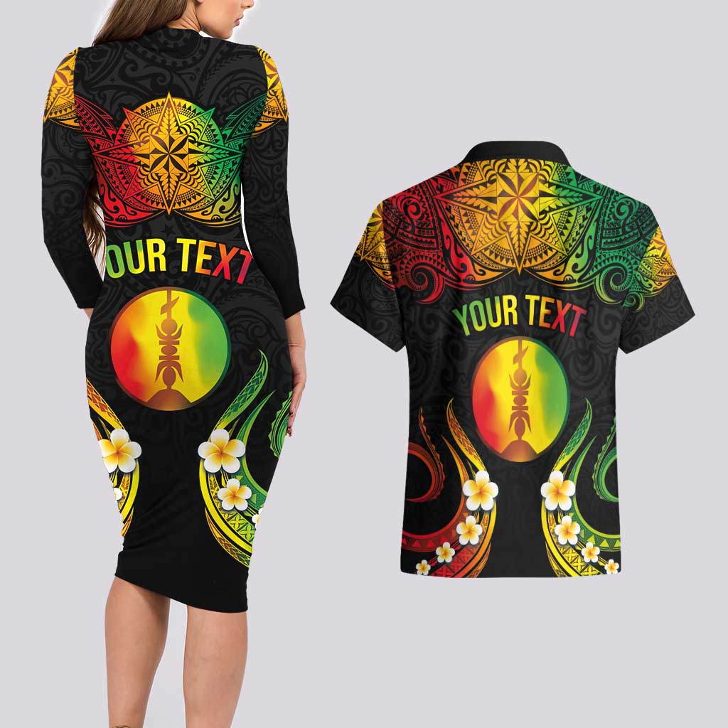 Personalised New Caledonia Independence Day Couples Matching Long Sleeve Bodycon Dress and Hawaiian Shirt Polynesian Tattoo and Plumeria Reggae Color LT03 - Polynesian Pride