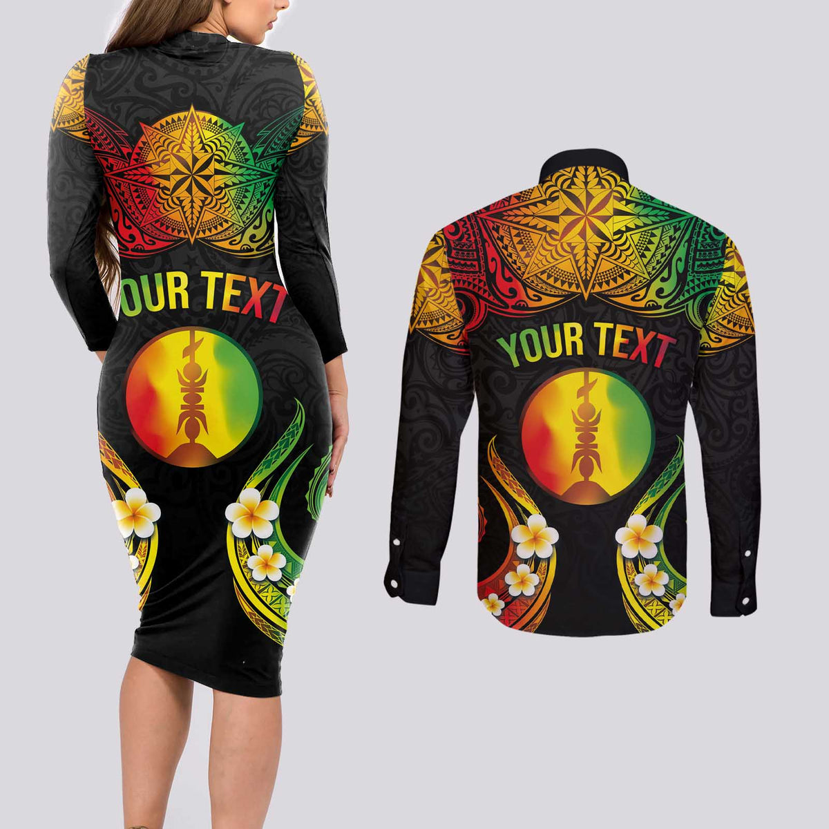 Personalised New Caledonia Independence Day Couples Matching Long Sleeve Bodycon Dress and Long Sleeve Button Shirt Polynesian Tattoo and Plumeria Reggae Color LT03 - Polynesian Pride