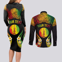 Personalised New Caledonia Independence Day Couples Matching Long Sleeve Bodycon Dress and Long Sleeve Button Shirt Polynesian Tattoo and Plumeria Reggae Color LT03 - Polynesian Pride