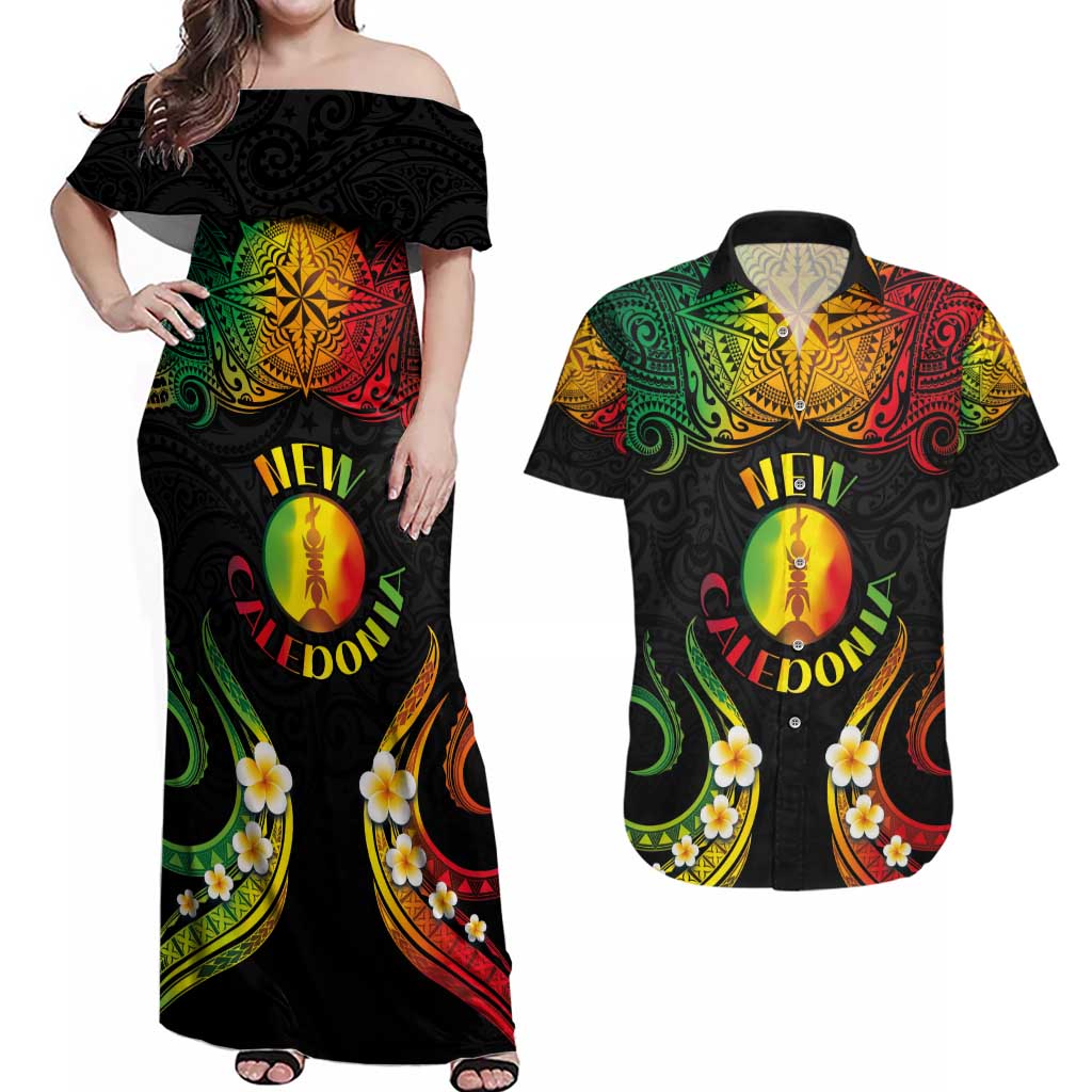 Personalised New Caledonia Independence Day Couples Matching Off Shoulder Maxi Dress and Hawaiian Shirt Polynesian Tattoo and Plumeria Reggae Color LT03 Reggae - Polynesian Pride