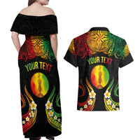 Personalised New Caledonia Independence Day Couples Matching Off Shoulder Maxi Dress and Hawaiian Shirt Polynesian Tattoo and Plumeria Reggae Color LT03 - Polynesian Pride