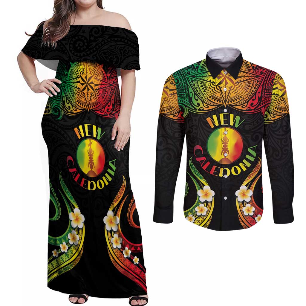 Personalised New Caledonia Independence Day Couples Matching Off Shoulder Maxi Dress and Long Sleeve Button Shirt Polynesian Tattoo and Plumeria Reggae Color LT03 Reggae - Polynesian Pride