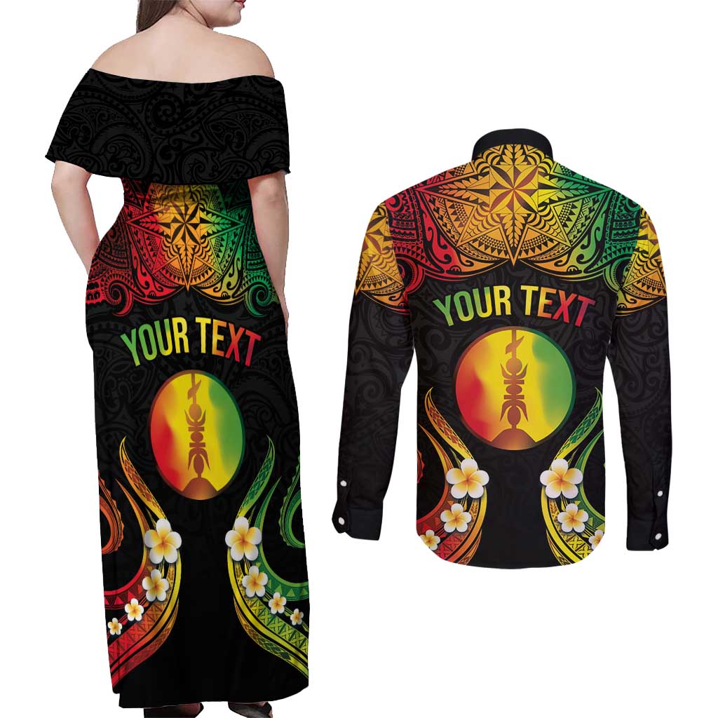 Personalised New Caledonia Independence Day Couples Matching Off Shoulder Maxi Dress and Long Sleeve Button Shirt Polynesian Tattoo and Plumeria Reggae Color LT03 - Polynesian Pride