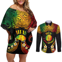 Personalised New Caledonia Independence Day Couples Matching Off Shoulder Short Dress and Long Sleeve Button Shirt Polynesian Tattoo and Plumeria Reggae Color LT03 Reggae - Polynesian Pride