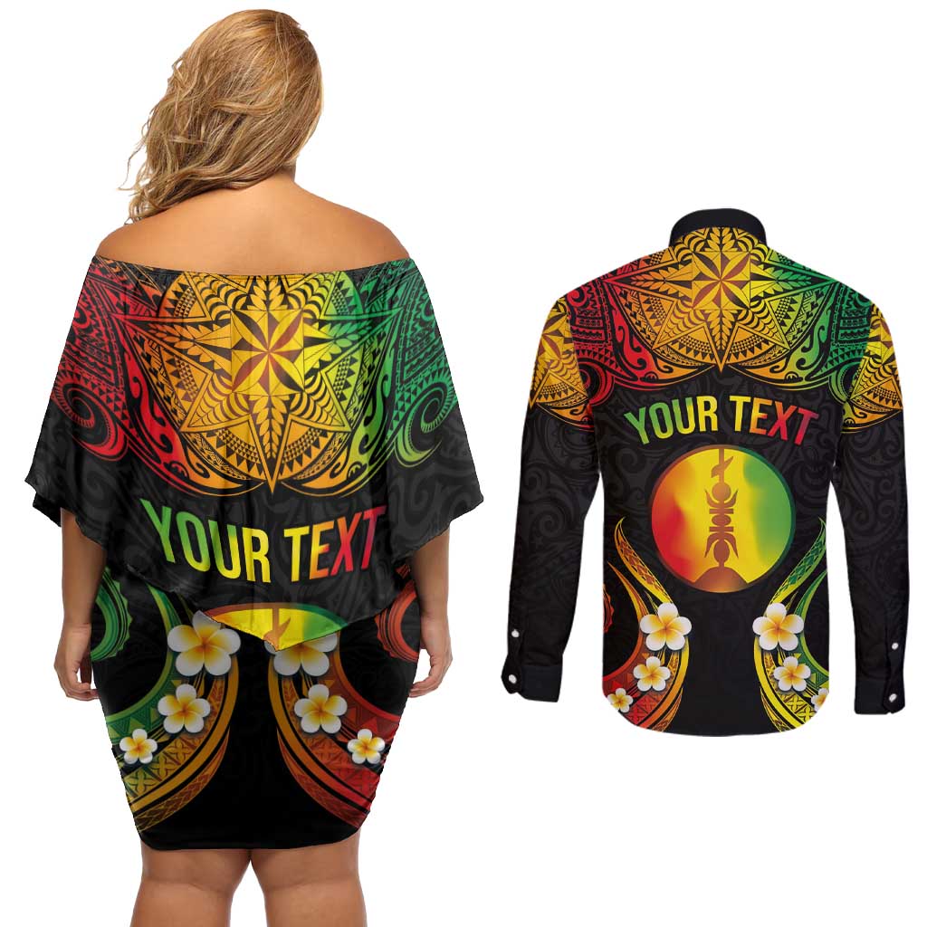 Personalised New Caledonia Independence Day Couples Matching Off Shoulder Short Dress and Long Sleeve Button Shirt Polynesian Tattoo and Plumeria Reggae Color LT03 - Polynesian Pride