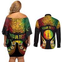Personalised New Caledonia Independence Day Couples Matching Off Shoulder Short Dress and Long Sleeve Button Shirt Polynesian Tattoo and Plumeria Reggae Color LT03 - Polynesian Pride