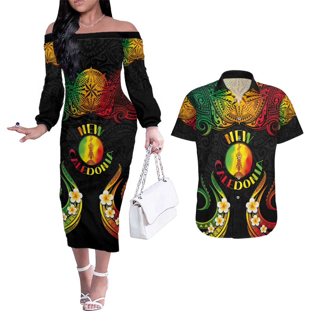 Personalised New Caledonia Independence Day Couples Matching Off The Shoulder Long Sleeve Dress and Hawaiian Shirt Polynesian Tattoo and Plumeria Reggae Color LT03 Reggae - Polynesian Pride