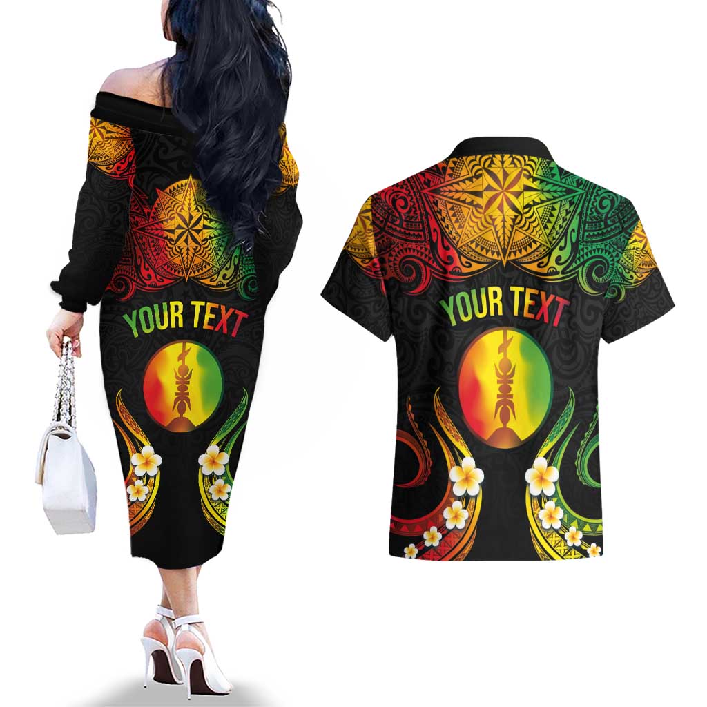 Personalised New Caledonia Independence Day Couples Matching Off The Shoulder Long Sleeve Dress and Hawaiian Shirt Polynesian Tattoo and Plumeria Reggae Color LT03 - Polynesian Pride