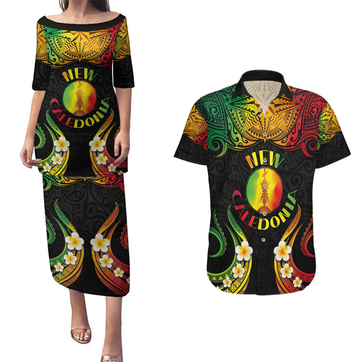 Personalised New Caledonia Independence Day Couples Matching Puletasi and Hawaiian Shirt Polynesian Tattoo and Plumeria Reggae Color LT03 Reggae - Polynesian Pride