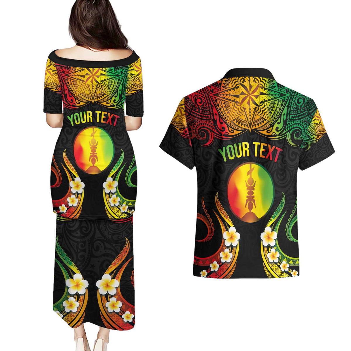 Personalised New Caledonia Independence Day Couples Matching Puletasi and Hawaiian Shirt Polynesian Tattoo and Plumeria Reggae Color LT03 - Polynesian Pride