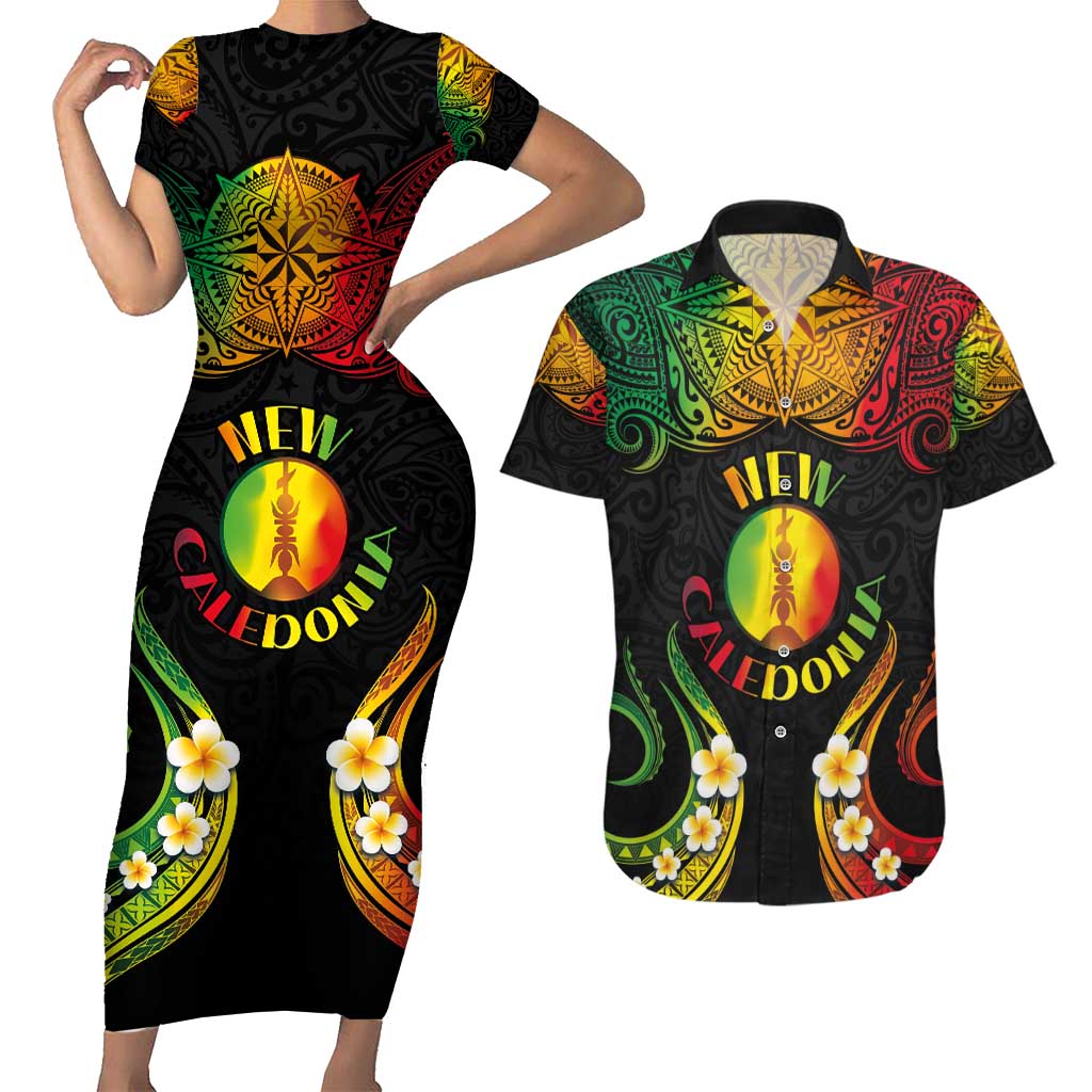 Personalised New Caledonia Independence Day Couples Matching Short Sleeve Bodycon Dress and Hawaiian Shirt Polynesian Tattoo and Plumeria Reggae Color LT03 Reggae - Polynesian Pride