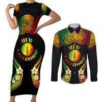 Personalised New Caledonia Independence Day Couples Matching Short Sleeve Bodycon Dress and Long Sleeve Button Shirt Polynesian Tattoo and Plumeria Reggae Color LT03 Reggae - Polynesian Pride