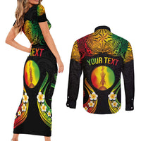 Personalised New Caledonia Independence Day Couples Matching Short Sleeve Bodycon Dress and Long Sleeve Button Shirt Polynesian Tattoo and Plumeria Reggae Color LT03 - Polynesian Pride