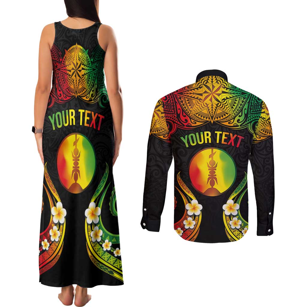 Personalised New Caledonia Independence Day Couples Matching Tank Maxi Dress and Long Sleeve Button Shirt Polynesian Tattoo and Plumeria Reggae Color LT03 - Polynesian Pride