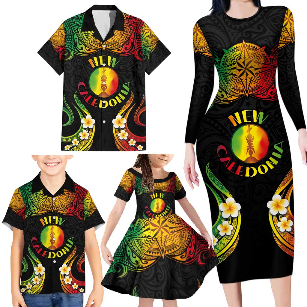 Personalised New Caledonia Independence Day Family Matching Long Sleeve Bodycon Dress and Hawaiian Shirt Polynesian Tattoo and Plumeria Reggae Color LT03 - Polynesian Pride