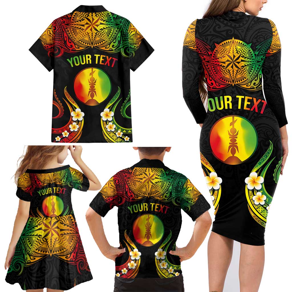 Personalised New Caledonia Independence Day Family Matching Long Sleeve Bodycon Dress and Hawaiian Shirt Polynesian Tattoo and Plumeria Reggae Color LT03 - Polynesian Pride