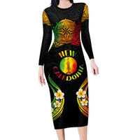 Personalised New Caledonia Independence Day Family Matching Long Sleeve Bodycon Dress and Hawaiian Shirt Polynesian Tattoo and Plumeria Reggae Color LT03 Mom's Dress Reggae - Polynesian Pride
