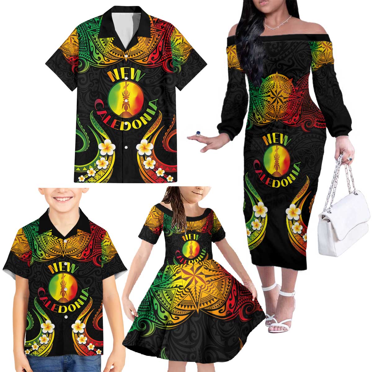 Personalised New Caledonia Independence Day Family Matching Off The Shoulder Long Sleeve Dress and Hawaiian Shirt Polynesian Tattoo and Plumeria Reggae Color LT03 - Polynesian Pride