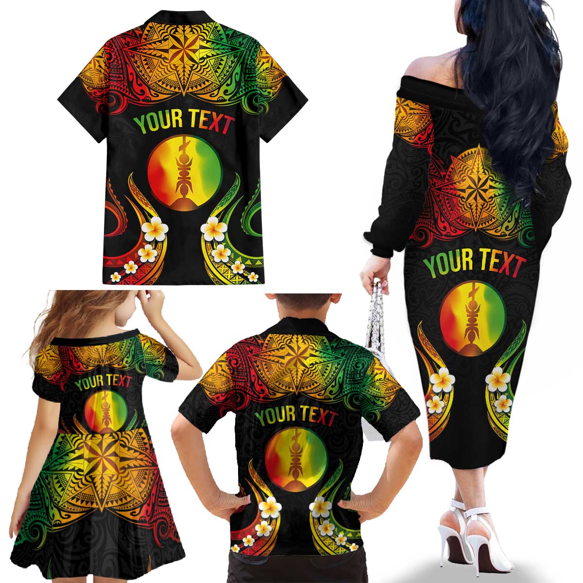 Personalised New Caledonia Independence Day Family Matching Off The Shoulder Long Sleeve Dress and Hawaiian Shirt Polynesian Tattoo and Plumeria Reggae Color LT03 - Polynesian Pride
