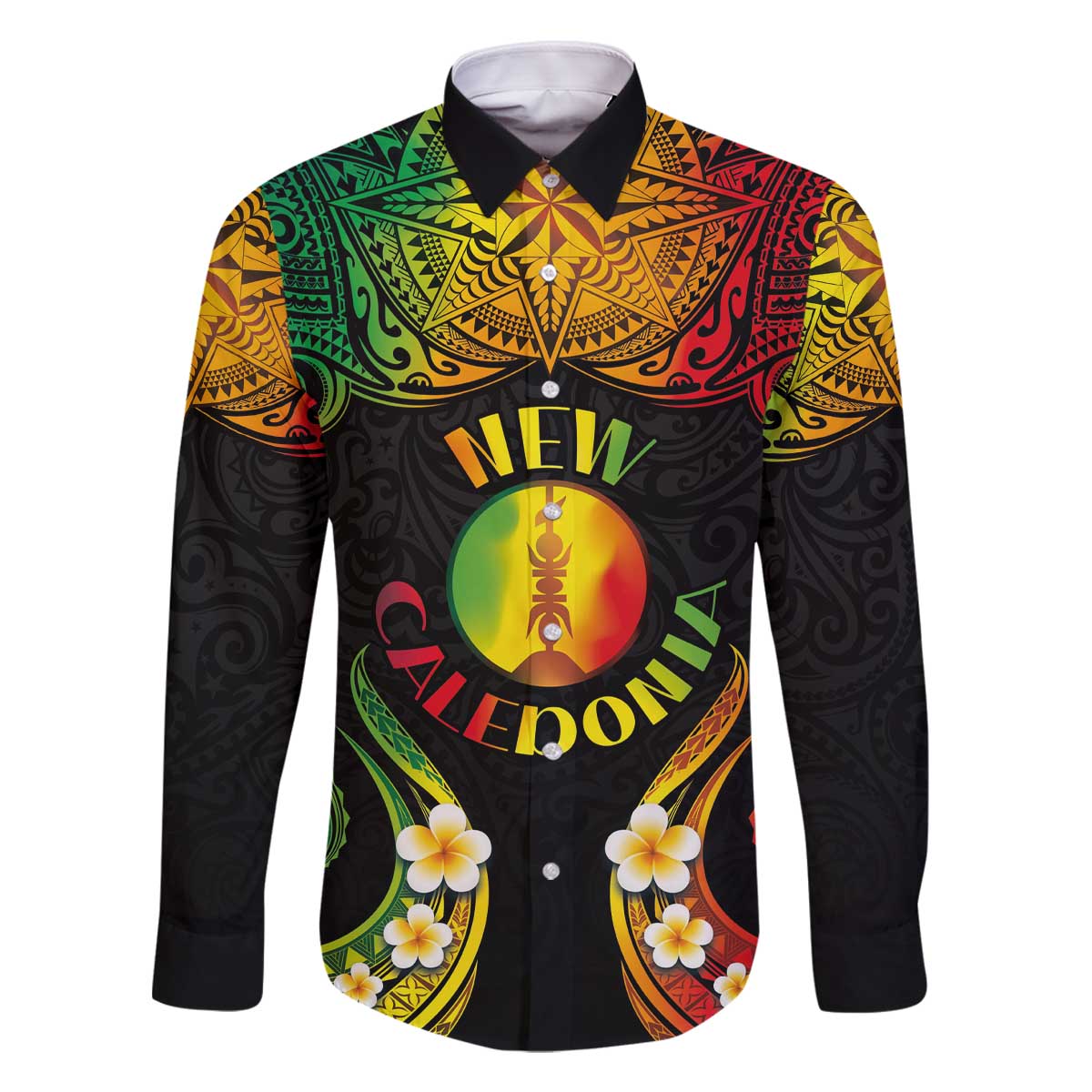 Personalised New Caledonia Independence Day Family Matching Off The Shoulder Long Sleeve Dress and Hawaiian Shirt Polynesian Tattoo and Plumeria Reggae Color LT03 Dad's Shirt - Long Sleeve Reggae - Polynesian Pride