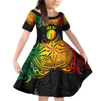 Personalised New Caledonia Independence Day Family Matching Off Shoulder Short Dress and Hawaiian Shirt Polynesian Tattoo and Plumeria Reggae Color LT03 Daughter's Dress Reggae - Polynesian Pride