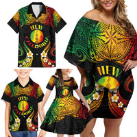 Personalised New Caledonia Independence Day Family Matching Off Shoulder Short Dress and Hawaiian Shirt Polynesian Tattoo and Plumeria Reggae Color LT03 - Polynesian Pride